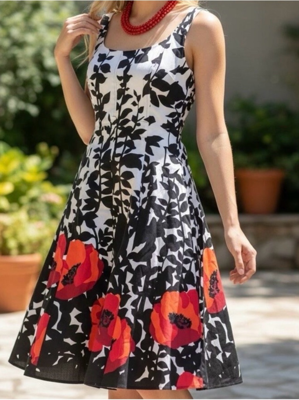 Nine West Black & White Floral Midi Dress with Red-Orange Poppy Accents